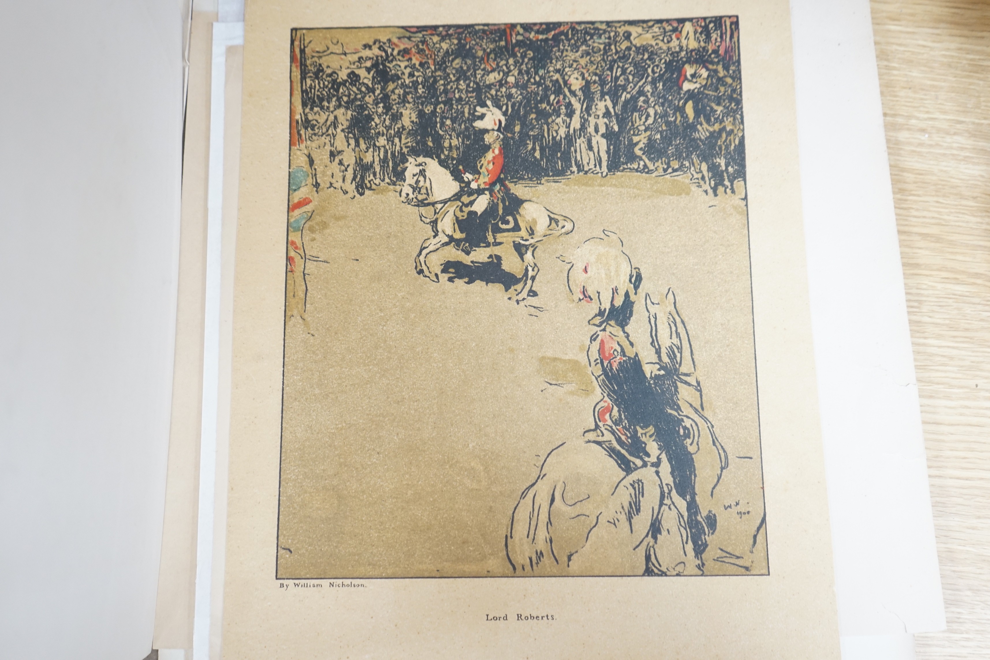William Nicholson (1872-1949), incomplete folio, 'Twelve Portraits' 1899, now housing Beefeater, Henrik Ibsen, Lord Roberts, Pope Leo XIII, Joseph Chamberlain, Sir Henry Hawkins, Queen Victoria, President McKinley and Wh